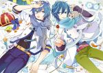  2boys akiyoshi_(tama-pete) blue_eyes blue_flower blue_hair blue_nails bow bowtie candy cat collaboration commentary crown eating fish flower food hand_on_own_head headphones jacket kaito lollipop lying male_focus microphone mouth_hold multiple_boys nail_polish scarf sheet_music short_hair striped vocaloid yoshiki 