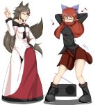  2girls animal_ears arms_behind_head bare_shoulders between_breasts black_shirt blue_bow boombox bow breasts brooch brown_hair capelet closed_eyes closed_mouth clothes_between_breasts dancing dress eighth_note epic_armageddon hair_bow hidden_mouth highres imaizumi_kagerou jewelry long_hair long_skirt long_sleeves motion_lines multiple_girls musical_note off-shoulder_dress off_shoulder one_eye_closed quarter_note red_eyes redhead sekibanki shirt short_hair simple_background skirt smile tail touhou werewolf white_background white_dress wolf_ears wolf_tail 