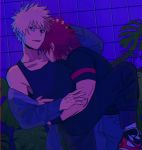  2boys bakugou_katsuki black_shirt blonde_hair blue_jacket boku_no_hero_academia denim hand_on_another&#039;s_head highres hug jacket kirishima_eijirou leg_up multiple_boys plant redhead shirt shoes short_sleeves sinful_hime sneakers spiky_hair standing t-shirt tank_top wristband yaoi 