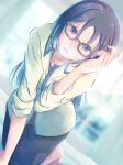  1girl adjusting_hair alice_gear_aegis blue_eyes blue_hair blurry blurry_background eyebrows_visible_through_hair glasses highres looking_at_viewer momoshina_fumika nica_(32400260) on_bed open_mouth pants shirt solo 