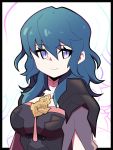  1girl artsy-rc black_border blue_hair border breasts byleth_(fire_emblem) byleth_eisner_(female) closed_mouth commentary english_commentary fire_emblem fire_emblem:_three_houses highres large_breasts long_hair looking_at_viewer shoulder_armor signature slit_pupils smile solo spaulders violet_eyes zoom_layer 