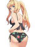  1girl ass bangs bikini black_bikini blonde_hair blue_eyes breasts chikkinage_nage cowboy_shot from_behind grin hair_between_eyes highres long_hair looking_at_viewer looking_back macross macross_frontier medium_breasts ponytail print_bikini sheryl_nome shiny shiny_hair shoulder_blades side-tie_bikini sideboob simple_background smile solo standing swimsuit thigh_gap very_long_hair white_background 