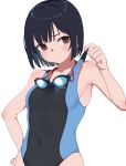  1girl black_hair black_swimsuit bouen breasts brown_eyes commentary_request goggles goggles_around_neck hand_on_hip highres looking_at_viewer original short_hair simple_background small_breasts solo swimsuit upper_body white_background 