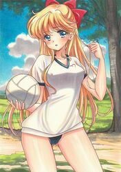  1girl aino_minako ball bangs bishoujo_senshi_sailor_moon blonde_hair blue_buruma blue_eyes blush bow buruma collarbone contrapposto covered_nipples cowboy_shot day earrings eyebrows_visible_through_hair gym_uniform hair_between_eyes hair_bow holding holding_ball jewelry long_hair looking_at_viewer marker_(medium) open_mouth outdoors red_bow shiny shiny_hair shirt solo standing t-shirt tomoeri traditional_media very_long_hair white_shirt 