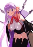  1girl bangs bare_shoulders bb_(fate)_(all) bb_(fate/extra_ccc) black_coat black_legwear black_skirt blush breasts chain closed_mouth coat fate/extra fate/extra_ccc fate_(series) gloves hair_ribbon high-waist_skirt highres index_finger_raised large_breasts leaning_forward leotard licking_lips long_hair looking_at_viewer neck_ribbon off_shoulder open_clothes open_coat popped_collar purple_hair red_ribbon ribbon skirt smile thighs tongue tongue_out very_long_hair violet_eyes white_background white_gloves white_leotard wide_sleeves zenshin 