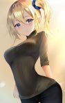  1girl bangs blonde_hair blue_eyes blush breasts closed_mouth embarrassed hair_ornament hayasaka_ai highres kaguya-sama_wa_kokurasetai_~tensai-tachi_no_renai_zunousen~ looking_at_viewer scrunchie side_ponytail simple_background solo turtleneck yk_(pixiv43531291) 