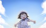  1girl blue_sailor_collar blush brown_hair child closed_eyes clouds daitou_(kantai_collection) day dress ham_(points) kantai_collection open_mouth sailor_collar sailor_dress short_sleeves sky solo white_dress white_headwear 