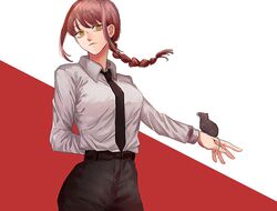  1girl 4chi animal arm_behind_back ass black_neckwear black_pants braid braided_ponytail breasts brown_hair business_suit chainsaw_man collared_shirt formal highres holding holding_animal light_smile long_hair looking_at_viewer makima_(chainsaw_man) medium_breasts mouse necktie pants red_background ringed_eyes shirt shirt_tucked_in smile solo suit white_background white_shirt yellow_eyes 