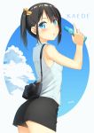  1girl :o absurdres apollo_(hu_maple) ass bare_shoulders black_hair black_shorts blue_eyes blue_sky blush bottle bow bra camera clouds commentary_request cowboy_shot from_side hair_bow highres holding holding_bottle index_finger_raised looking_at_viewer looking_to_the_side orange_bow original outside_border parted_lips ramune see-through shirt short_hair short_shorts shorts side_ponytail sidelocks sky sleeveless sleeveless_shirt solo underwear white_bra white_shirt 