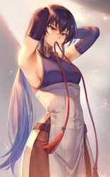  1girl armpits bangs belt black_hair breasts dress eyebrows_visible_through_hair gloves hair_between_eyes highres long_hair mashuu_(neko_no_oyashiro) original purple_gloves red_eyes sleeveless solo 