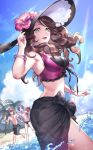  1girl 2boys beach bikini blue_sky bracelet brown_hair clouds cup day dorothea_arnault earrings eyewear_on_head fire_emblem fire_emblem:_three_houses fire_emblem_heroes flower from_side glass green_eyes hat hat_flower holding holding_cup jewelry long_hair looking_to_the_side lorenz_hellman_gloucester male_swimwear multiple_boys nail_polish open_mouth outdoors palm_tree purple_hair redhead see-through shirtless short_hair sky sunglasses swim_briefs swim_trunks swimsuit swimwear sylvain_jose_gautier tree user_mxwe7242 water 