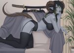  1girl artist_name ass bangs black_bra black_hair black_legwear black_nails blanket bra breasts colored_skin commentary commission copyright_request couch curtains dragon_horns dragon_tail foot_out_of_frame from_side garter_belt garter_straps green_eyes green_hair horns katana long_hair looking_at_viewer panties plant pointy_ears sheath shellvi smile solo sword tail thigh-highs underwear underwear_only weapon 