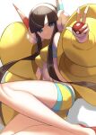  1girl ass bangs black_hair blue_eyes blunt_bangs breasts closed_mouth elesa_(pokemon) highres holding holding_poke_ball legs looking_at_viewer medium_breasts nuneno poke_ball poke_ball_(basic) pokemon pokemon_(game) pokemon_bw2 simple_background smile solo thighs w white_background 