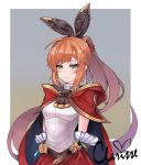  1girl :3 animal_ears arms_behind_back bangs belt black_belt black_cape blush border breasts brown_hair cape character_name clarisse_(granblue_fantasy) commentary_request dltkdwls369 fake_animal_ears frills granblue_fantasy green_eyes hair_ribbon heart high_ponytail highres hood hood_down impossible_clothes impossible_shirt long_hair looking_at_viewer medium_breasts multicolored multicolored_background outside_border ponytail rabbit_ears red_cape red_ribbon red_skirt ribbon shirt skirt sleeveless sleeveless_shirt solo two-tone_cape upper_body white_border white_shirt 