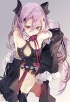  1girl absurdres bare_shoulders black_dress black_legwear boots bow bowtie breasts closed_mouth detached_sleeves dress frown glaring grey_background highres iijima_masashi krul_tepes long_hair looking_at_viewer owari_no_seraph pink_hair purple_hair red_eyes ribbon small_breasts solo thigh-highs thigh_boots two_side_up vampire very_long_hair 
