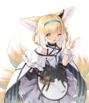  1girl absurdres animal_ears apron aqua_hairband arknights bare_shoulders black_gloves blonde_hair blush capelet cloak fox_ears fox_tail gloves green_eyes hair_rings hairband hand_on_hip highres jiusan_naitan looking_at_viewer multicolored_hair multiple_tails one_eye_closed open_mouth petticoat short_hair simple_background single_glove skirt smile solo suzuran_(arknights) tail waist_apron white_apron white_background white_hair 