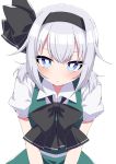 1girl :&lt; absurdres alternate_hairstyle black_bow black_hairband black_neckwear blue_eyes blush bow bowtie bright_pupils commentary_request green_skirt green_vest grey_hair hair_bow hairband highres konpaku_youmu looking_at_viewer low_twintails shirt short_sleeves short_twintails simple_background skirt solo touhou tsukimirin twintails upper_body vest white_background white_pupils white_shirt 