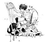  1boy bard_(final_fantasy) blue_eyes butz_klauser final_fantasy final_fantasy_v flower harp headband horns instrument looking_at_viewer looking_to_the_side monochrome monster shadow simple_background single_horn sitting skull smile tunic udonnigu white_background 