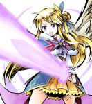  1girl blonde_hair character_request glowing glowing_sword glowing_weapon hair_bun highres holding holding_sword holding_weapon kirara_fantasia long_hair looking_down ma_tsukasa skirt solo sunrise_stance sword violet_eyes weapon yellow_skirt 