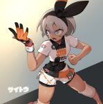  1girl bangs black_bodysuit black_hairband bodysuit bodysuit_under_clothes character_name clenched_hand collared_shirt commentary_request covered_navel dynamax_band gloves grey_eyes grey_hair gym_leader hair_between_eyes hairband kinshi knee_pads open_mouth pokemon pokemon_(game) pokemon_swsh print_shirt print_shorts saitou_(pokemon) shirt short_hair short_sleeves shorts single_glove solo teeth tied_shirt tongue v-shaped_eyebrows 