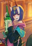  1girl absurdres bangs bare_shoulders black_jacket blush bob_cut bottle breasts choker collarbone eyeliner fate/grand_order fate_(series) gourd headpiece highres horns jacket long_sleeves looking_at_viewer makeup oni oni_horns ootato open_clothes open_jacket open_mouth pink_hoodie purple_hair short_hair shuten_douji_(fate/grand_order) skin-covered_horns small_breasts smile under_the_same_sky violet_eyes wine_bottle 