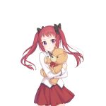  1girl ayane_(princess_connect!) bow hair_bow jacket long_hair official_art princess_connect! red_skirt redhead skirt stuffed_animal stuffed_toy teddy_bear transparent_background twintails violet_eyes white_jacket 