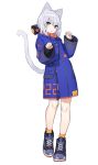  :o animal_ears bangs blue_coat cat_ears cat_tail chorefuji clenched_hands coat eyebrows_visible_through_hair eyelashes full_body hands_up head_tilt knees long_sleeves looking_at_viewer medium_hair open_mouth orange_legwear original paw_pose shiny shiny_hair shoes socks standing tail white_background white_hair 