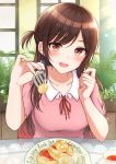  1girl absurdres bangs blush breasts brown_eyes brown_hair character_name collarbone collared_shirt commentary_request cup eyebrows_visible_through_hair food fork glass_table happy_birthday highres holding holding_fork incoming_food indoors kanojo_okarishimasu large_breasts long_hair looking_at_viewer mizuhara_chizuru open_mouth pink_shirt plant red_neckwear red_ribbon restaurant ribbon shirt short_sleeves smile solo table tea teacup upper_teeth yukiunag1 