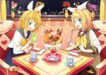  2girls aqua_eyes blush cellphone chair cutlery dress flower food hair_ornament hairpin heart ice_cream kagamine_rin multiple_girls open_mouth phone pink_flower pink_rose red_flower red_rose rose seat short_hair sitting smile striped table vocaloid window yoshiki 