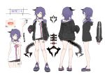  1girl bare_legs braid breasts character_sheet collar commentary_request crocs ear_piercing highres hood hoodie horns izumi_sai jacket multiple_views open_clothes open_jacket ozuka_roki ozuka_roki_channel piercing purple_hair sandals sharp_teeth short_hair short_shorts shorts simple_background single_horn sleeves_past_wrists small_breasts standing strap_slip tail tank_top tattoo teeth virtual_youtuber yellow_eyes 