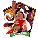  1girl :p arm_up black_gloves bottle bright_pupils cephalopod_eyes commentary dark_skin fangs fingerless_gloves food gloves gradient_hair green_eyes half-closed_eyes headphones highres holding holding_bottle holding_plate iida_(splatoon) inkling_(language) katsu_noha ketchup ketchup_bottle long_hair looking_at_viewer makeup mascara midriff mole mole_under_mouth multicolored_hair navel octarian omurice open_mouth plate print_shirt red_shirt redhead shirt short_sleeves sleeves_rolled_up smile solo splatoon_(series) splatoon_2 suction_cups t-shirt tentacle_hair tied_shirt tomato tongue tongue_out upper_body white_pupils 