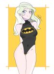  1girl arms_behind_back bare_shoulders batman_symbol black_leotard blonde_hair blue_eyes blush border breasts closed_mouth covered_navel diana_cavendish groin highres large_breasts leotard little_witch_academia long_hair looking_at_viewer shiny shiny_skin simple_background smile solo standing white_border yellow_background 