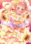  1girl :d absurdres blonde_hair circlet collarbone cure_soleil dress earrings flower highres holding jewelry layered_dress long_hair looking_at_viewer open_mouth orange_dress precure shiny shiny_skin sleeveless sleeveless_dress smile solo star_twinkle_precure sunflower touki_matsuri very_long_hair violet_eyes wrist_cuffs yellow_flower 