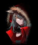  1girl animal_ears arknights black_background commentary expressionless fur-trimmed_hood fur_trim gas_mask hair_between_eyes hair_over_one_eye highres hood hooded_jacket jacket lips long_hair looking_at_viewer mask_around_neck projekt_red_(arknights) red_jacket silver_hair simple_background solo tobunchudoku upper_body wolf_ears yellow_eyes 