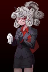  1girl black_background black_gloves black_skirt black_suit clipboard curly_hair formal gagmoo gloves gradient gradient_background hand_up helltaker highres horns looking_at_viewer pandemonica_(helltaker) pencil_skirt red_background red_eyes red_shirt shirt skirt standing suit white_gloves 