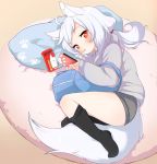  1girl animal_ear_fluff animal_ears bag cellphone commission done_(donezumi) fetal_position food full_body highres hood hood_down hoodie long_hair long_sleeves looking_at_viewer low_ponytail lying mouth_hold on_side original paw_print phone pillow pocky red_eyes short_shorts shorts smartphone tail white_hair 