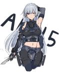  1girl ak-15_(girls_frontline) arm_on_head armpits artificial_eye bangs bare_shoulders breasts character_name detached_sleeves eyebrows_visible_through_hair girls_frontline highres holding holding_knife knife large_breasts long_hair mask_around_neck midriff mistrie navel pants silver_hair tactical_clothes thigh_pouch violet_eyes 