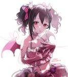  1girl 299_(horisso) black_hair demon_horns demon_wings gloves highres horns love_live! love_live!_school_idol_project midriff navel open_mouth pink_gloves red_eyes solo twintails wings yazawa_nico 