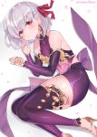 1girl armlet armor bangs bare_shoulders bikini_armor blush bracelet breasts collar detached_sleeves dress earrings fate/grand_order fate_(series) floral_print hair_ribbon jewelry kama_(fate/grand_order) legs looking_at_viewer lying metal_collar miniskirt on_side pelvic_curtain purple_dress purple_legwear purple_skirt purple_sleeves red_eyes ribbon ring sandals short_hair silver_hair simple_background skirt small_breasts solo suzuho_hotaru thigh-highs thighlet white_background 