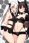  1boy 2girls absurdres bare_shoulders black_hair breasts destroyer_(girls_frontline) g-string girls_frontline highres hip_vent judge_(girls_frontline) long_hair medium_breasts mou_tama_maru multiple_girls navel shiny shiny_skin short_shorts shorts thong twintails very_long_hair white_hair yellow_eyes 