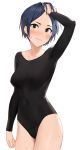  1girl absurdres arm_up bangs black_leotard blue_hair blush breasts closed_mouth collarbone covered_navel covered_nipples cowboy_shot forehead frown hand_in_hair hayami_kanade highres idolmaster idolmaster_cinderella_girls leotard long_sleeves looking_at_viewer medium_breasts onao parted_bangs short_hair simple_background solo sweat thighs white_background yellow_eyes 