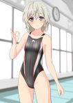  1girl absurdres black_swimsuit breasts collarbone commentary_request cowboy_shot high_school_fleet highres indoors logo looking_at_viewer ok_sign parted_lips short_hair silver_hair small_breasts solo standing striped striped_swimsuit swimsuit takafumi tateishi_shima violet_eyes 