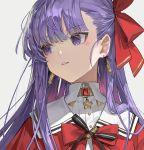  1girl alternate_hairstyle bangs bb_(fate)_(all) bb_(fate/extra_ccc) breasts chyoel earrings fate/extra fate/extra_ccc fate_(series) hair_ribbon highres jacket jewelry large_breasts long_hair long_sleeves looking_to_the_side neck_ribbon parted_bangs purple_hair red_jacket red_ribbon ribbon violet_eyes white_background 