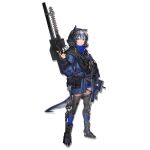  1girl animal_ears arknights bangs black_footwear black_legwear blue_eyes blue_hair blue_jacket boots full_body glaucus_(arknights) grey_hair gun hand_up holding holding_gun holding_weapon jacket long_sleeves looking_at_viewer mouth_hold multicolored_hair official_art rifle short_hair solo standing streaked_hair tablet_pc tail thigh-highs thigh_strap transparent_background weapon xiayehongming 