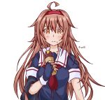  1girl absurdres asymmetrical_clothes black_serafuku brown_eyes brown_hair commentary_request food hair_flaps hairband highres kantai_collection koutetunamekuji long_hair looking_at_viewer neckerchief red_hairband red_neckwear remodel_(kantai_collection) sailor_collar school_uniform serafuku shiratsuyu_(kancolle) simple_background solo sweet_potato upper_body whistle whistle_around_neck white_background white_sailor_collar 