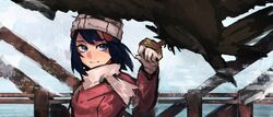  1girl bangs beanie blue_eyes blush closed_mouth coat commentary gloves hair_ornament hand_up hat highres hikari_(pokemon) looking_to_the_side mpka_yt pokemon pokemon_(game) pokemon_dppt pokemon_platinum scarf white_gloves white_headwear white_scarf 