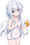  1girl blue_eyes cowboy_shot fathom flat_chest hand_on_own_chest hibiki_(kantai_collection) highres kantai_collection long_hair looking_at_viewer school_swimsuit silver_hair simple_background smile solo starfish swimsuit white_background white_swimsuit 