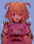  1girl :d blood blood_on_face bloody_clothes blue_background eyebrows_visible_through_hair holding long_sleeves looking_at_viewer open_mouth orange_hair original pink_eyes short_hair signature smile solo sparkle stuffed_animal stuffed_toy teddy_bear temachii two_side_up 