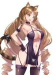 1girl :d animal_ear_fluff animal_ears arknights armband azur_lane bangs bare_arms bare_shoulders black_choker black_gloves black_legwear black_swimsuit breasts brown_hair choker commentary_request cosplay_request cowboy_shot criss-cross_halter drill_hair drill_locks gloves great_lungmen_logo green_eyes halterneck hand_on_hip large_breasts long_hair looking_at_viewer navel no_hat no_headwear one-piece_swimsuit open_mouth simple_background smile solo standing stomach swimsuit swire_(arknights) tail thigh-highs thighs tiger_ears tiger_tail very_long_hair white_background yuzuruka_(bougainvillea)