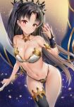  1girl armpits ass_visible_through_thighs bangs bare_shoulders between_fingers black_hair breasts collar fate/grand_order fate_(series) gold_trim groin hair_ribbon hand_up highres ishtar_(fate)_(all) ishtar_(fate/grand_order) kitin long_hair looking_at_viewer medium_breasts navel parted_bangs red_eyes revealing_clothes ribbon single_thighhigh solo stomach string_panties thigh-highs thighs two_side_up very_long_hair 